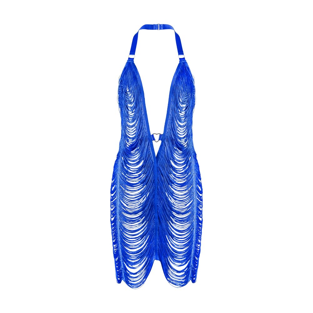 ITODA Robe Moulante en Résille pour Femme Robe Courte sans Manche Dos Nus Lingerie Sexy avec Franges Nuisette Érotique Col V Chemise de Nuit Transparente Tenue Sexy pour Club Soirée Cocktail Festival