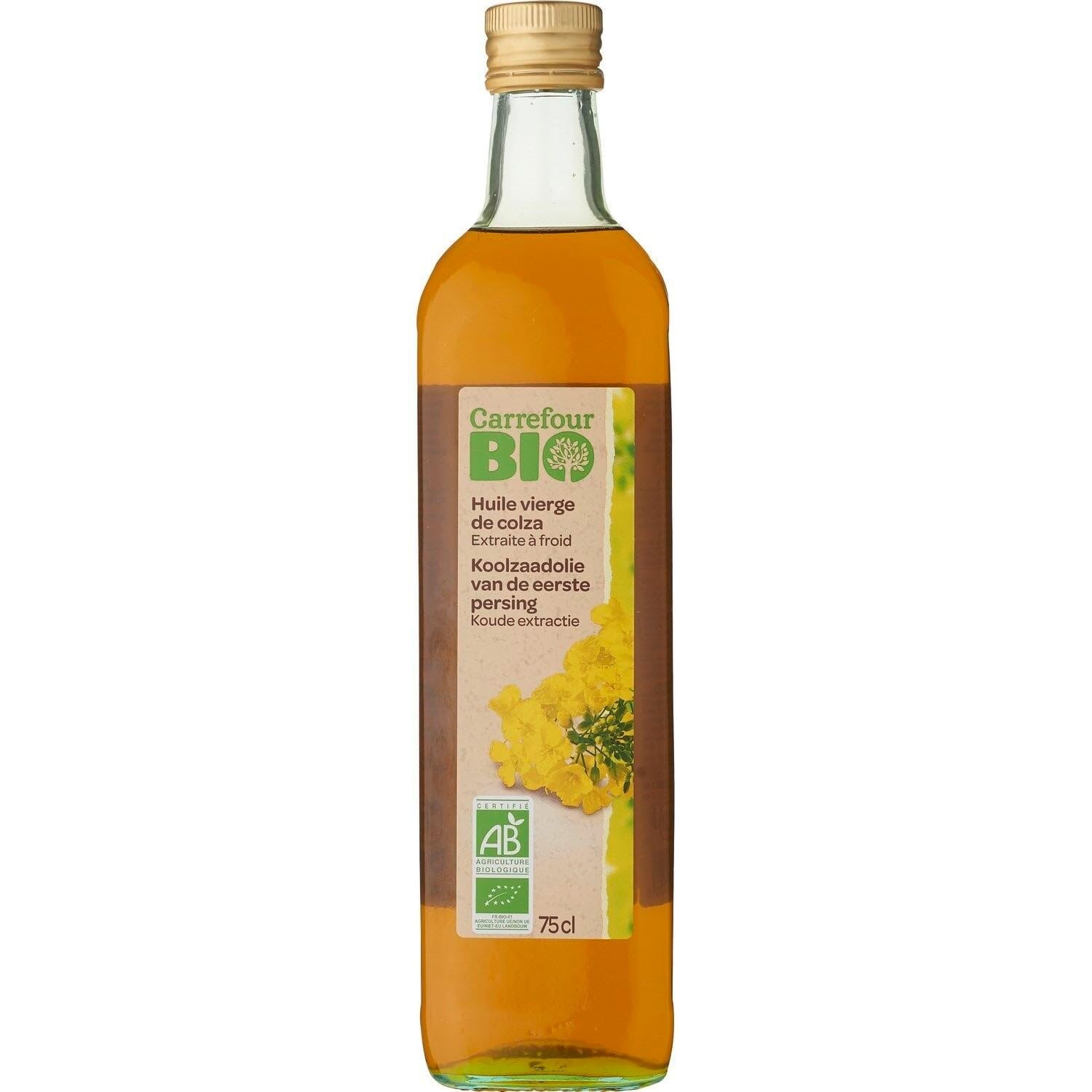 CARREFOUR BIO Huile de colza vierge Bio extraite à froid, bouteille en verre de 75 cL, origine France, agriculture biologique - Lot de 3