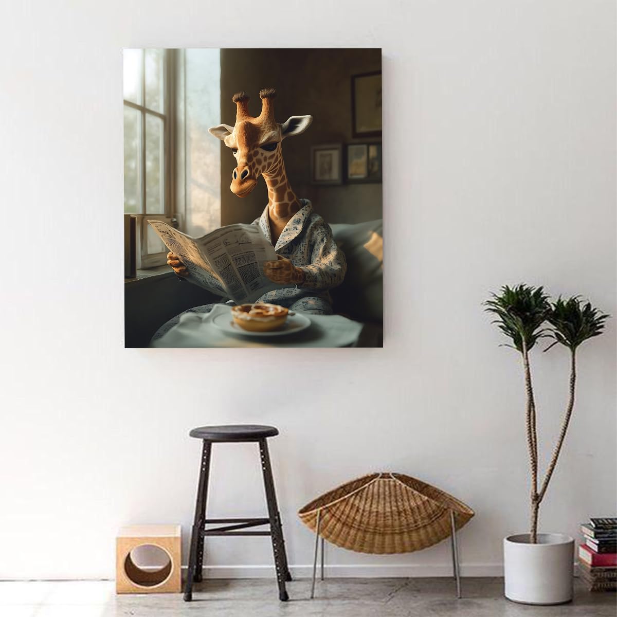 Przytulne sceny wewnętrzne surrealistyczne plakaty fantazyjne ilustracje ścienne z żyrafami ciepłe i zabawne płótno ze zwierzętami w stylu vintage do nauki w salonie rama wewnętrzna 45 x 60 cm