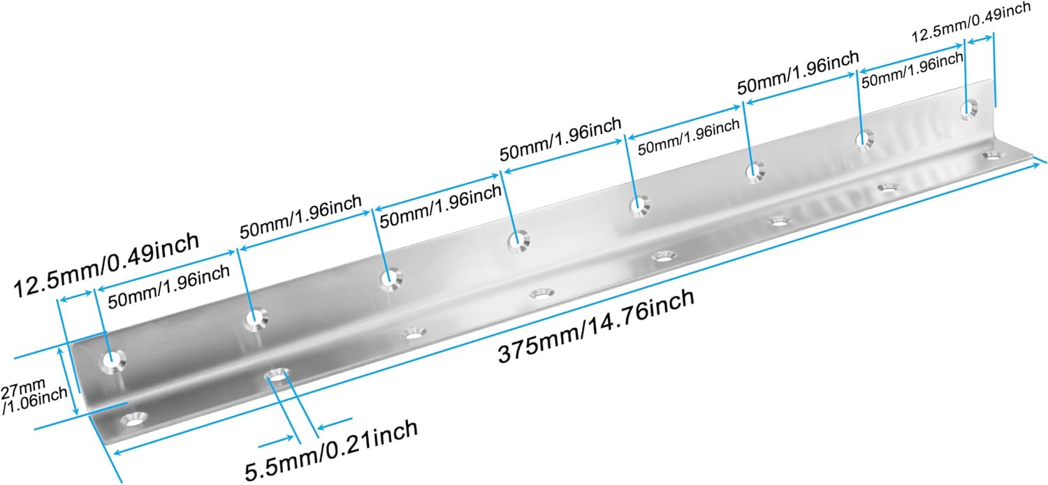 L Bracket, Heavy Duty Corner Brace, 10 Pack 14.8" Metal Shelf Bracket Angle Bracket for Shelves, Polished Silver Stainless Steel Braces for Wood Furniture,375mm Overall Length