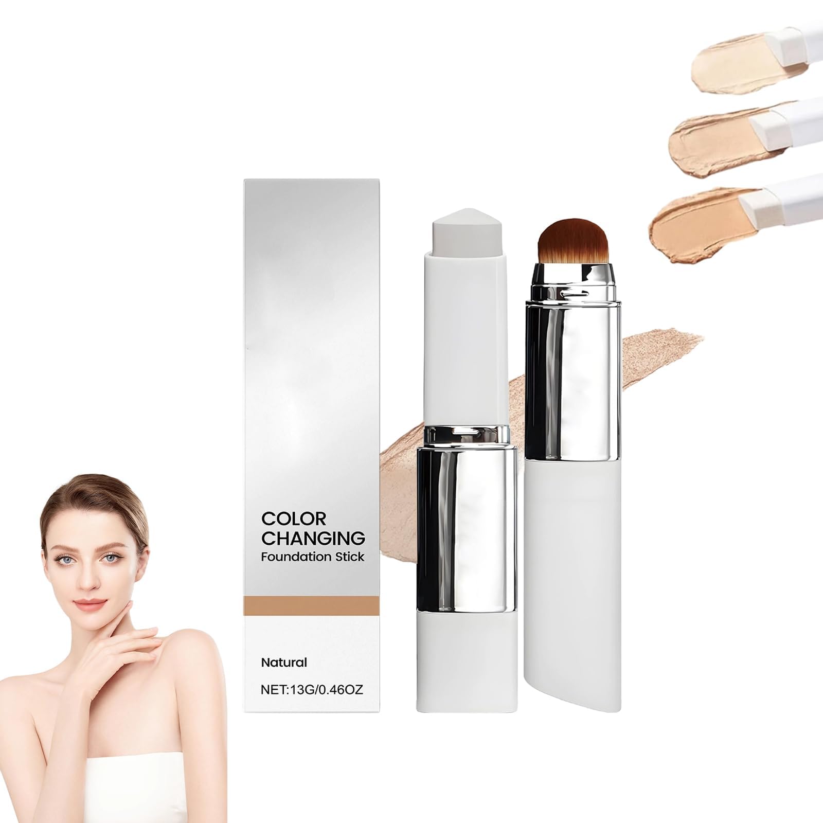 Stick Fond de Teint Coréen Auto-Adaptable - Base de Teint 2-en-1 avec Pinceau, Longue Tenue, Fini Naturel Lumineux, pour Peaux Normales à Sèches et Mixtes (Naturel) - 2
