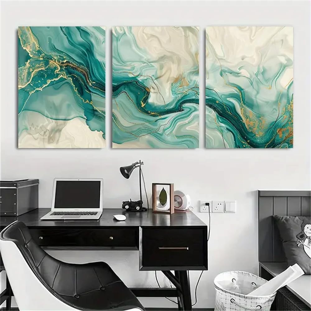 CLJKDX Abstract Teal and Golden Swirl Canvas Wall Art Canvas Painting Modern Poster Print Wall Picture For Living Room Bedroom Decoration-40 * 60cm*3PCS (No Frame)