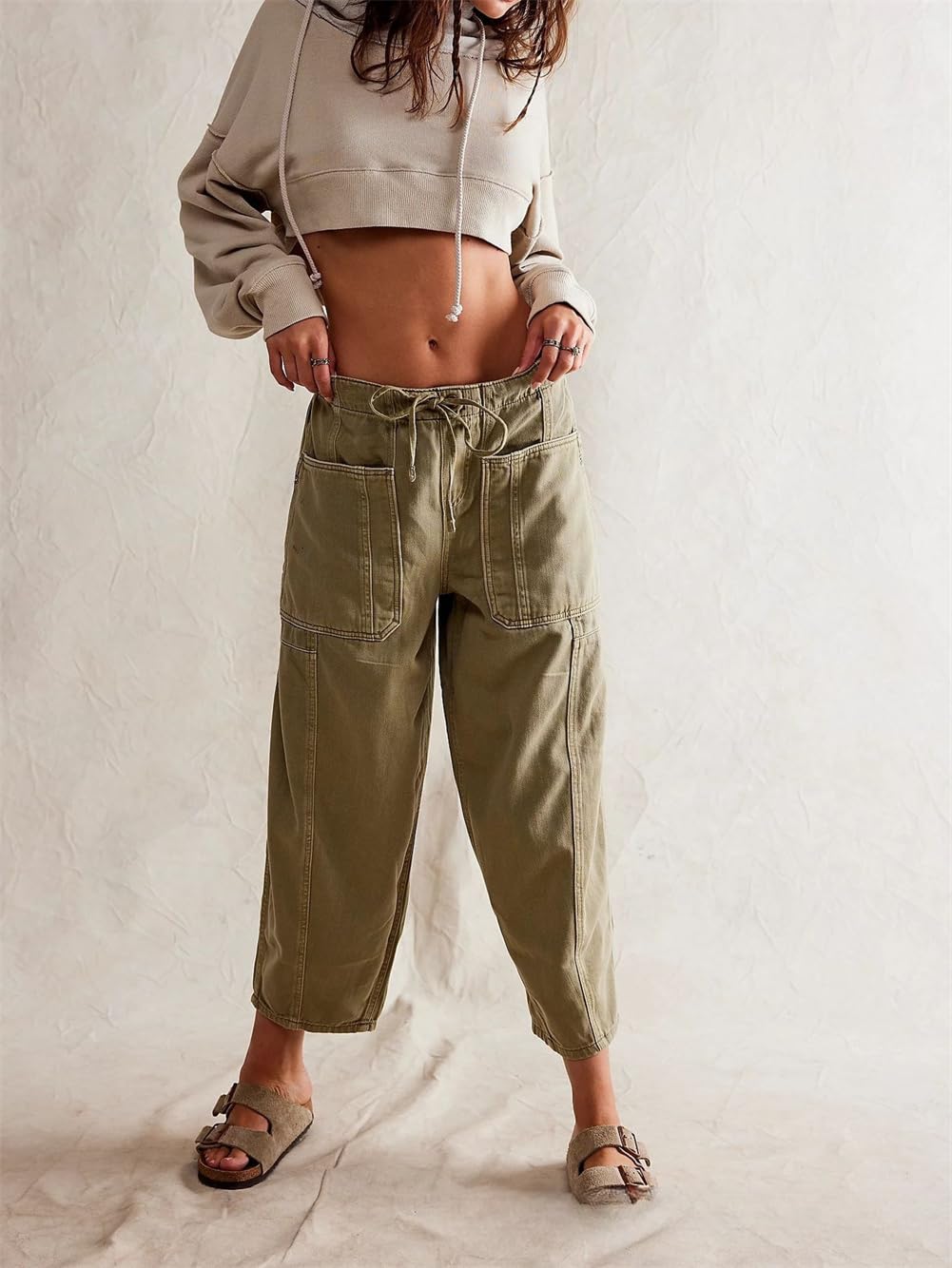 Damskie stylowe dżinsy ze stretchem ze sznurkiem z wysokim stanem i praktycznymi kieszeniami, ZIELONY, 3XL