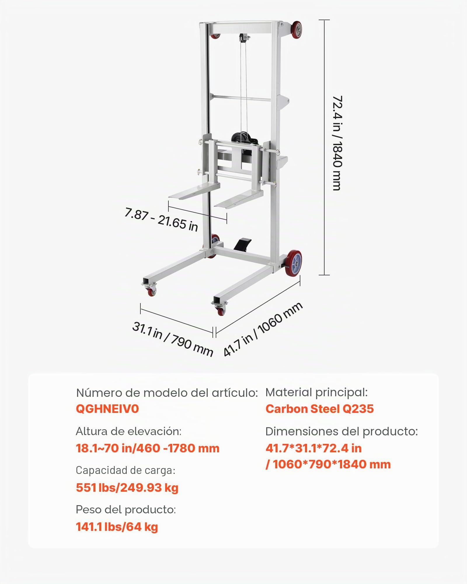VEVOR Apilador con Cabrestante Manual de Elevación de Materiales con Ruedas Giratorias y Horquilla Ajustable, Plataforma para Transpaletas Capacidad de 249,93 kg, Altura de Elevación Máxima de 1780mm