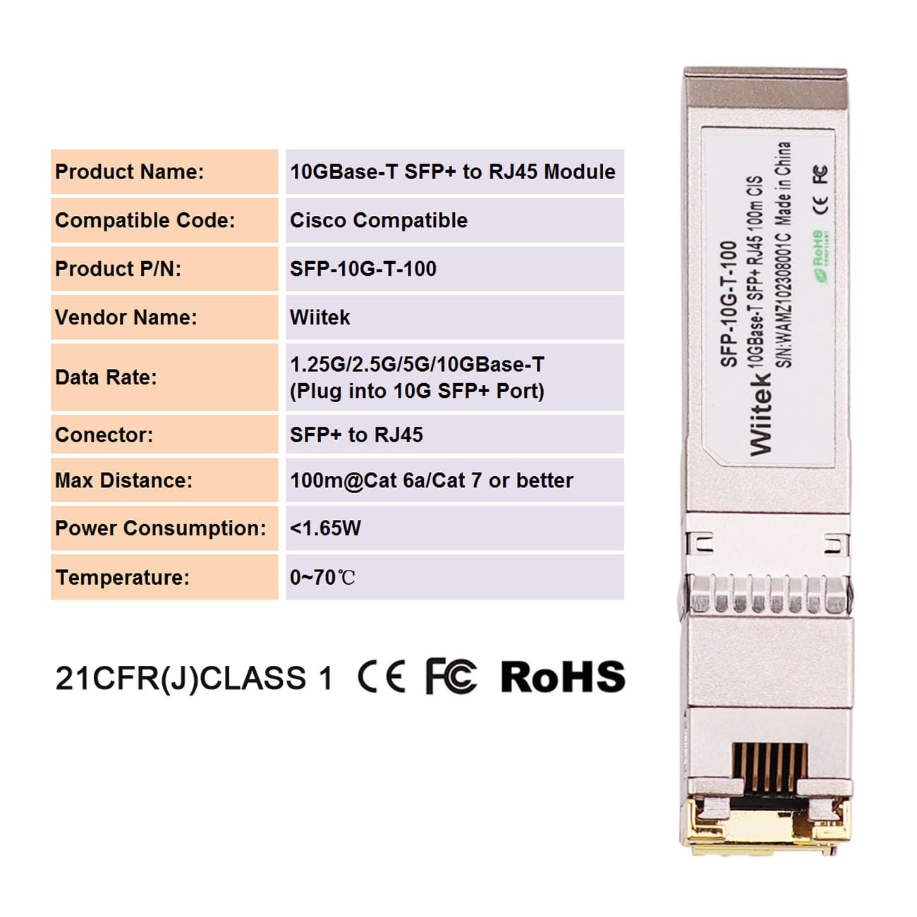 100 mètres, modules SFP+ vers RJ45 10 Gbit/s, émetteur-récepteur RJ45 vers SFP+ en cuivre 2,5 G/5G/10 GBase-T, compatible avec Cisco SFP-10G-T-X, Ubiquiti, Netgear, Mikrotik, faible