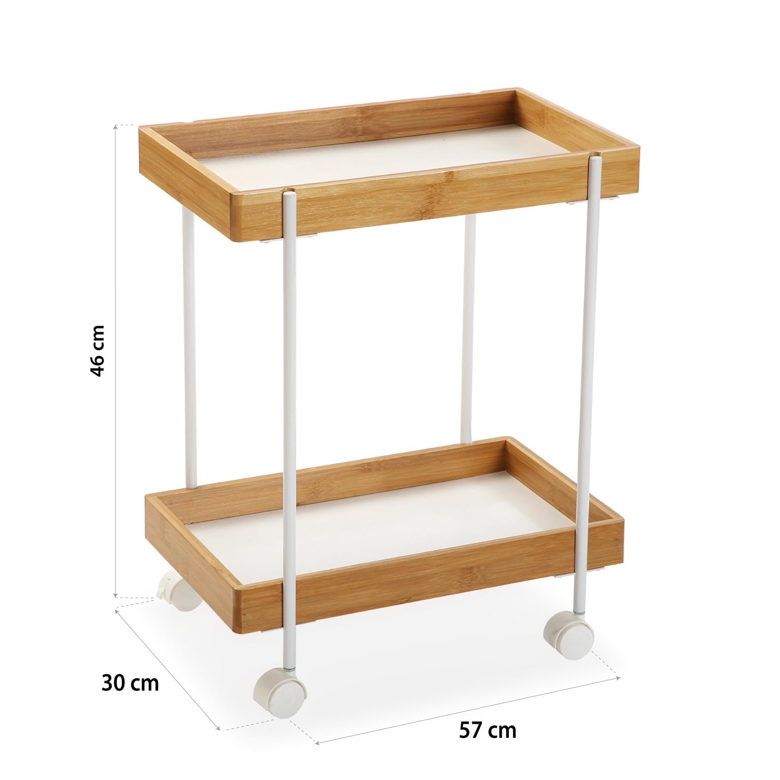 Versa Hobson Mueble para el Baño Auxiliar, Carro o Carrito de Almacenaje, con 2 estantes y ruedas, Medidas (Al x L x An) 46 x 30 x 57 cm, Bambú y Metal, Color Blanco y marrón