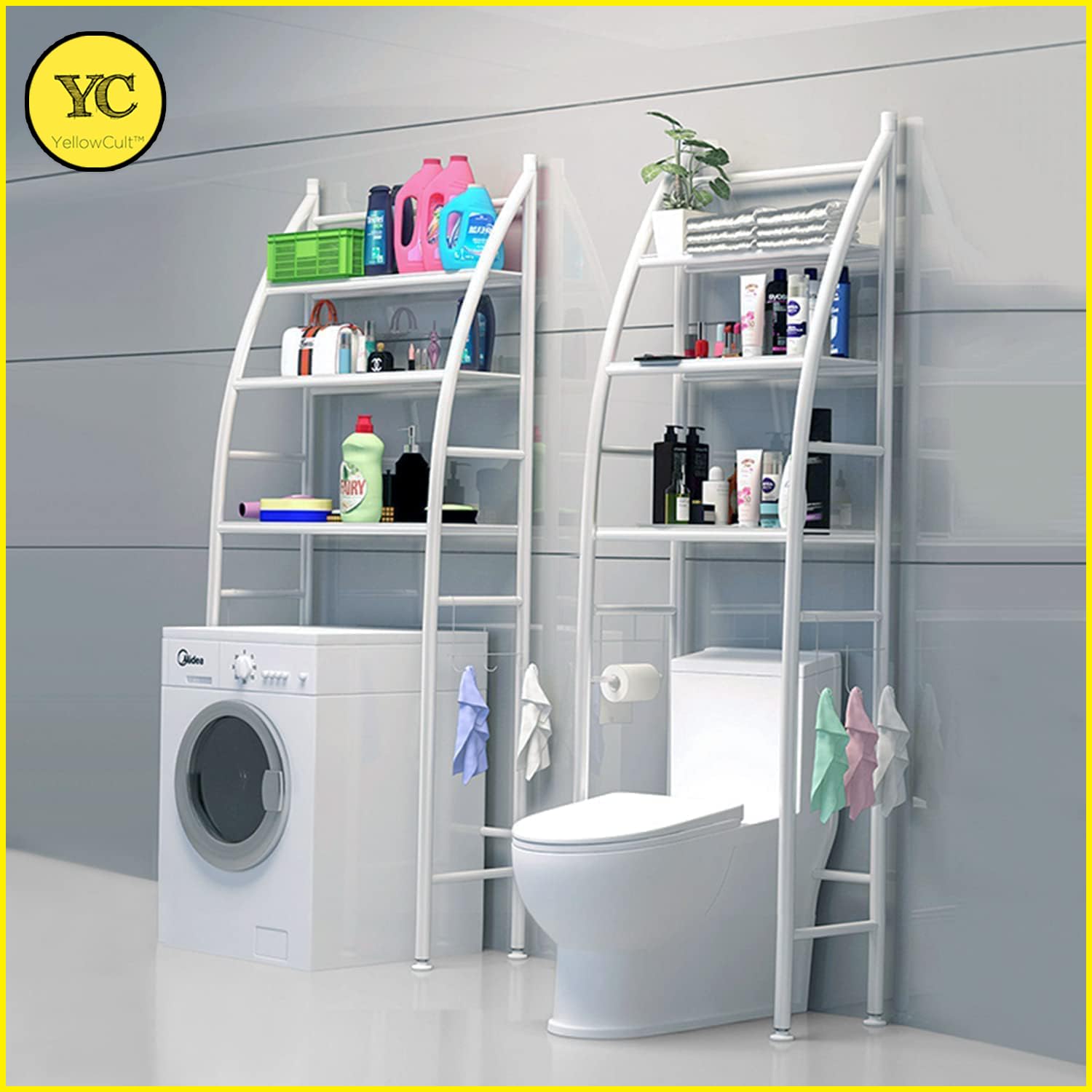 YellowCult Over The Toilet Storage Rack – 3 Tier Bathroom Shelf Organizer Stand with Hooks & Adjustable Metal Frame Space Saving Toilet Rack for Bathroom Essentials Plants Towels Paper Toiletries 3