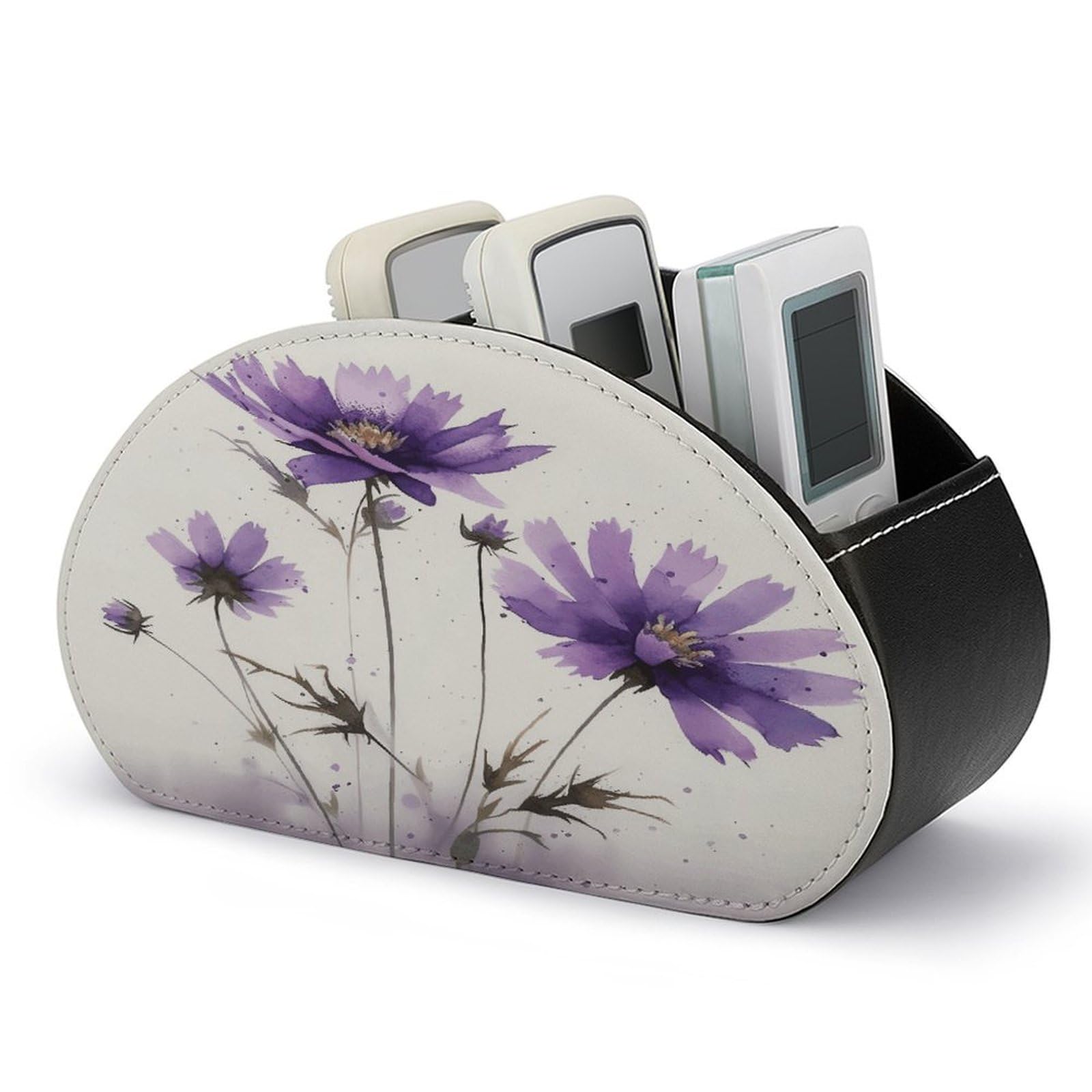 Btcowzrv Style Hand Drawn Purple Flowers Remote Control Holder With 5 Compartments