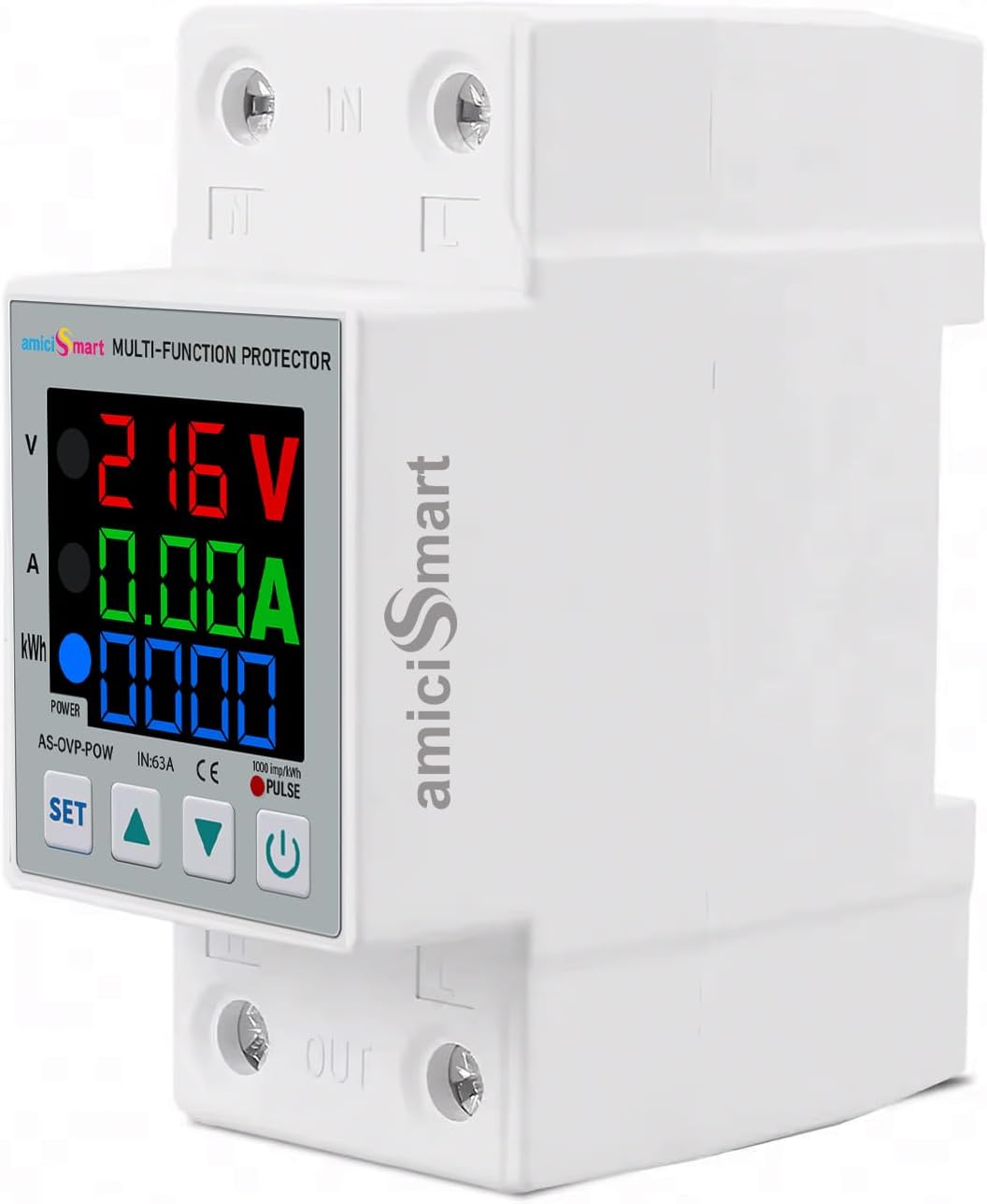 amiciSmart Over/Under Voltage, Over Current/Load Protection with Digital Energy Meter Din Rail Mounted (63A, 230V)