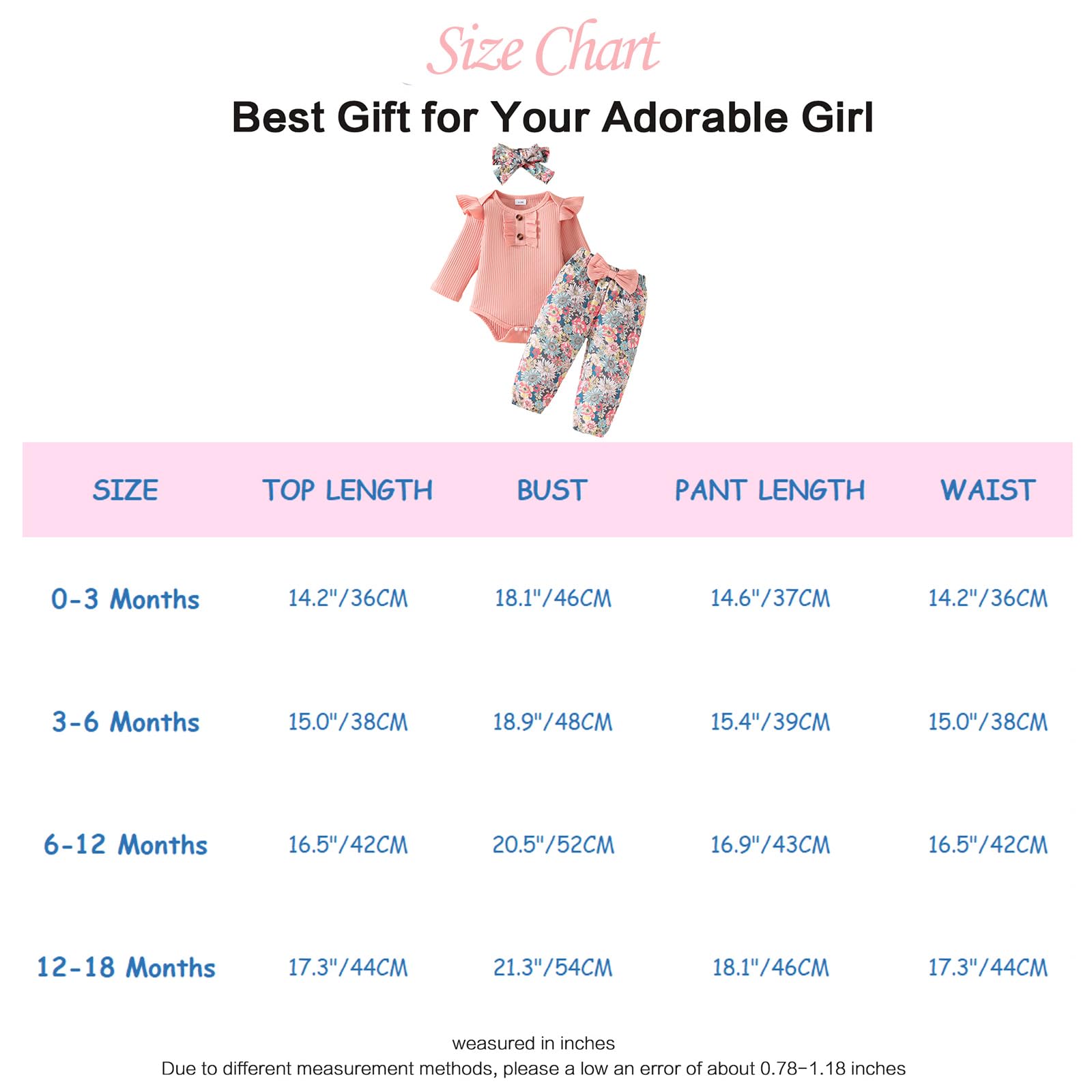 Vetement Bebe Fille Nouveau-né Barboteuse à Volants Manche Longue + Floral Pantalon + Bandeau+ Chapeau Ensemble Tenues d'automne 0-18 Mois