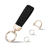 Genuine Leather Car Keychain, Handmade Knit Sheepskin Key chains for Women, Universal Key Fob Holder with 360 Degree Rotatable, Anti-Lost D-Ring, 2 Keyrings and 1 Screwdriver – Black