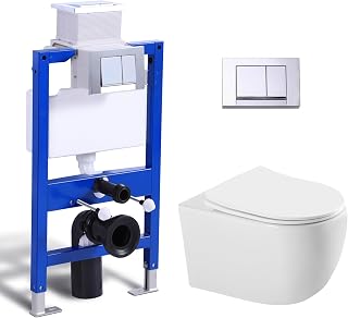 Hänge WC Spülrandlos mit Unterputz Spülkasten, Toilette und Vorwandelement WC Set Komplett, cBetätigungsplatte, Wand WC mit Soft-Close Absenkautomatik Deckel