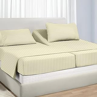Adjustable Split King Sheet Set for Sleep Number Beds, Premium 100% Long Staple Cotton Bedding, Two Twin XL 39" X 80" Fitted Sheets Fits Up to 18" Deep Mattress, Ivory Stripe