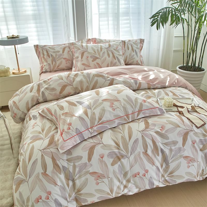 Funda nórdica floral de 3 piezas, 280 x 240 cm, con 2 fundas de almohada de 65 x 65 cm, diseño de hojas, 280 x 240 cm, microfibra suave y transpirable