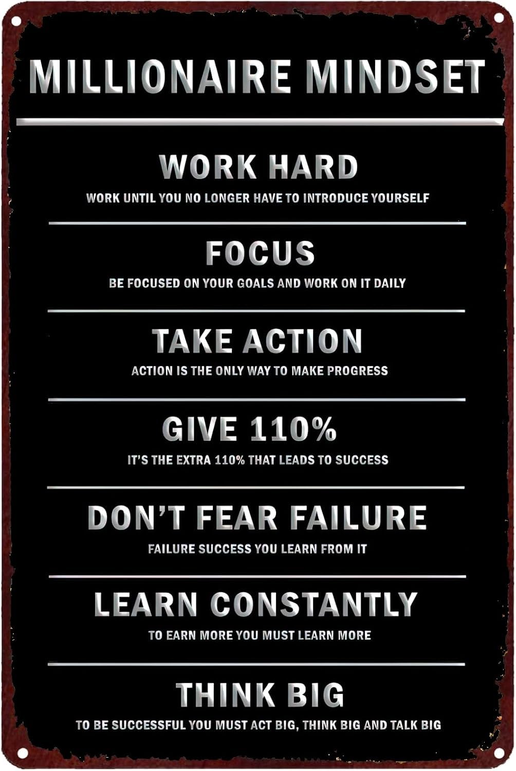SMAZDFXX Millionaire Mindset 7 Rules Vintage Metal Signs, Motivational Inspirational Wall Art Positive Quotes Home Decor Tin Painting for Home Bar Pub Cafe Farm Room Plaque Posters 8"x12"