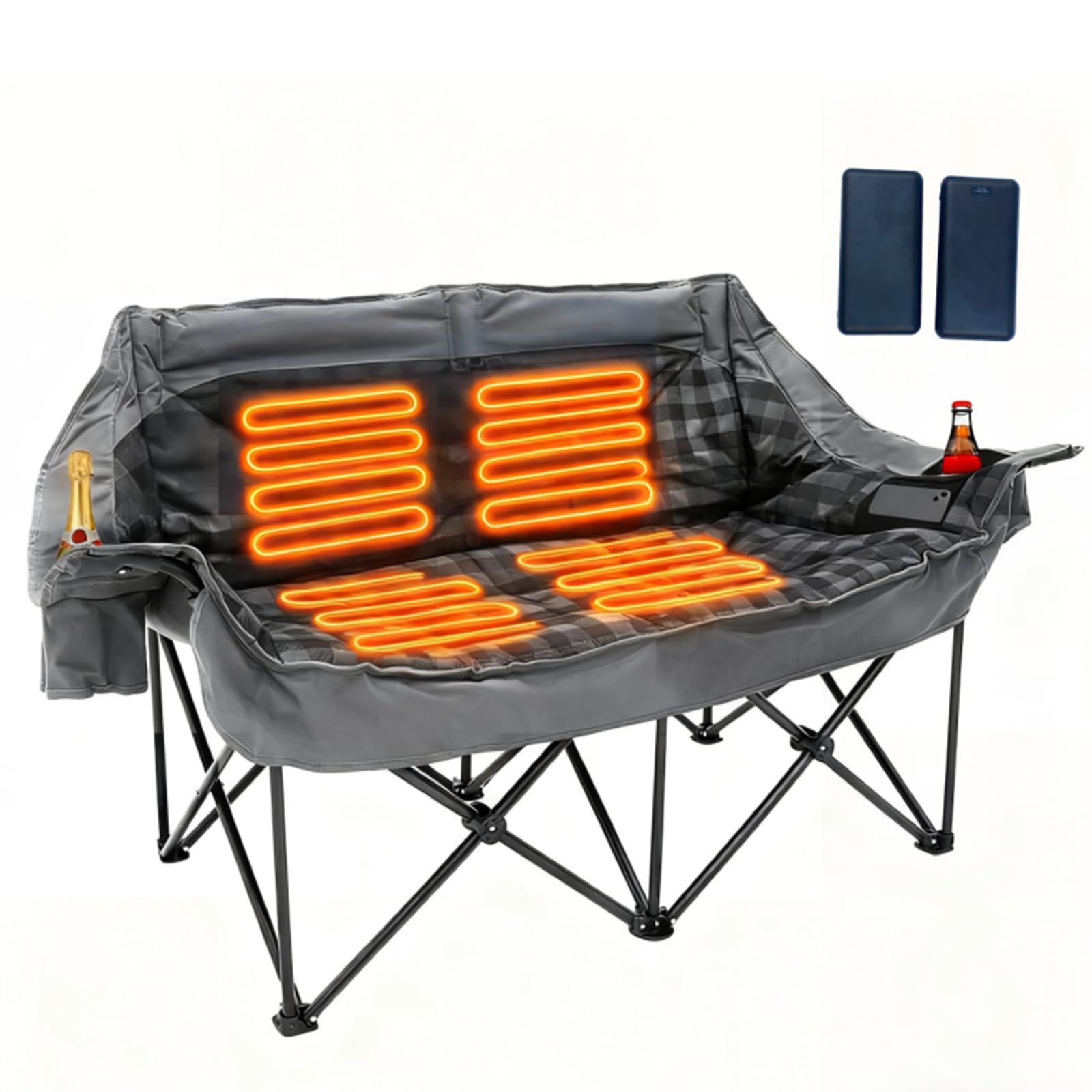 heated double camping chair with 2 battery, padded camping couch with 3 heat levels and 4 heating zones, oversized camp loveseat support 800lbs for soccer games, tailgating, rv travel, beach days