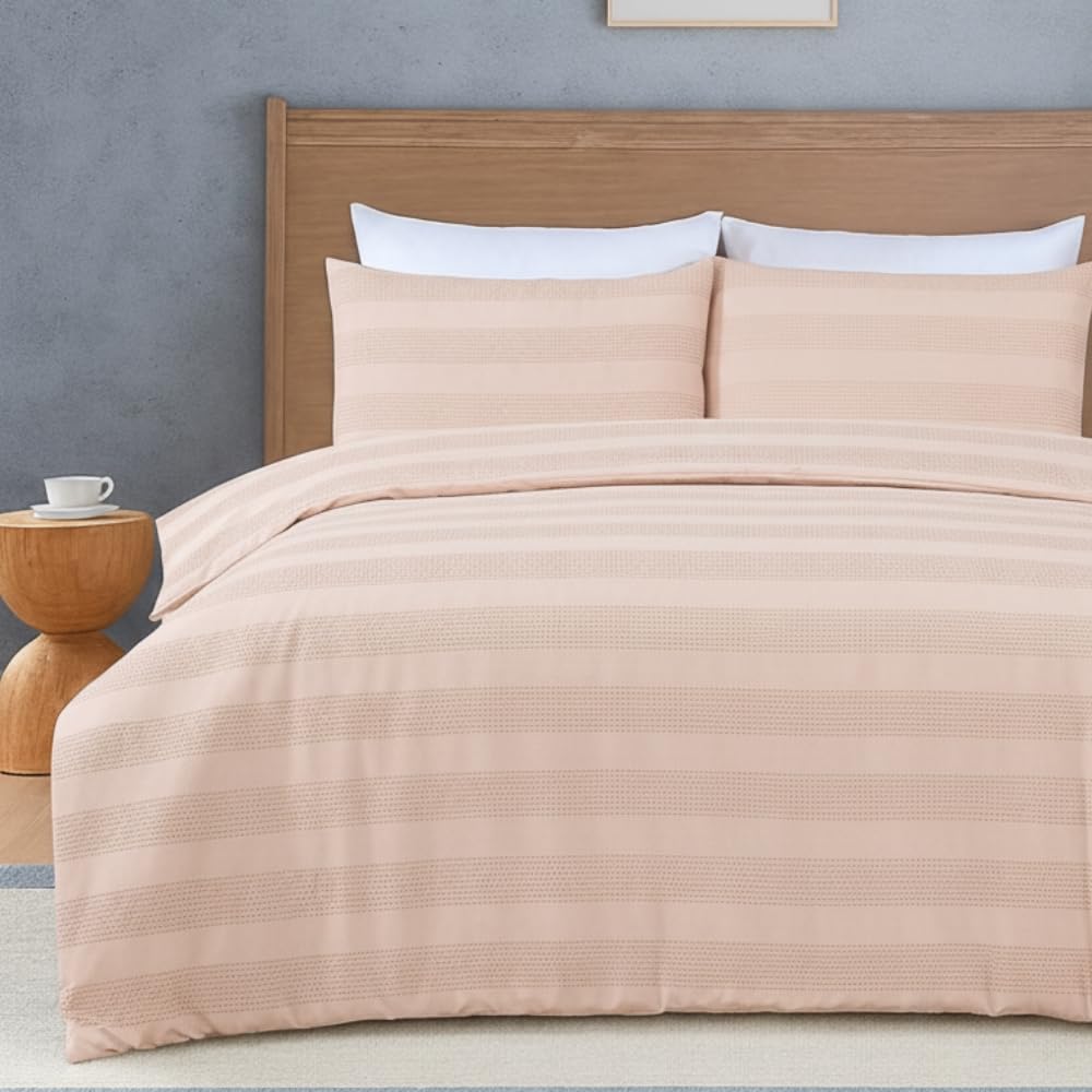 Mhg Living Dusky Pink Waffle Striped Duvet Cover Set, King 230X220cm – Cotton-Rich Polycotton Bedding – Soft, Breathable & Durable – Includes Pillowcase, Button Closure & Corner Ties