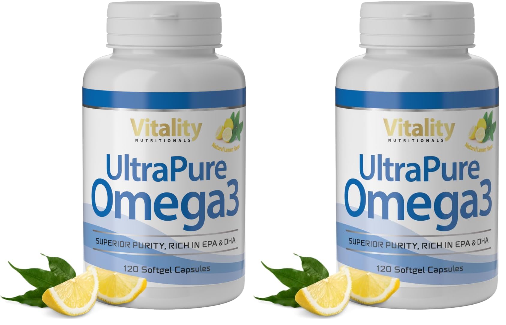 Fischöl Omega 3 Kapseln Hochdosiert mit 2000 mg Fischöl davon 800 mg EPA und 600 mg DHA pro Tag + Vitamin E (120 Stk) Ultra Pure Omega 3 Vitality Nutritionals by Vitaminexpress (Packung mit 2)