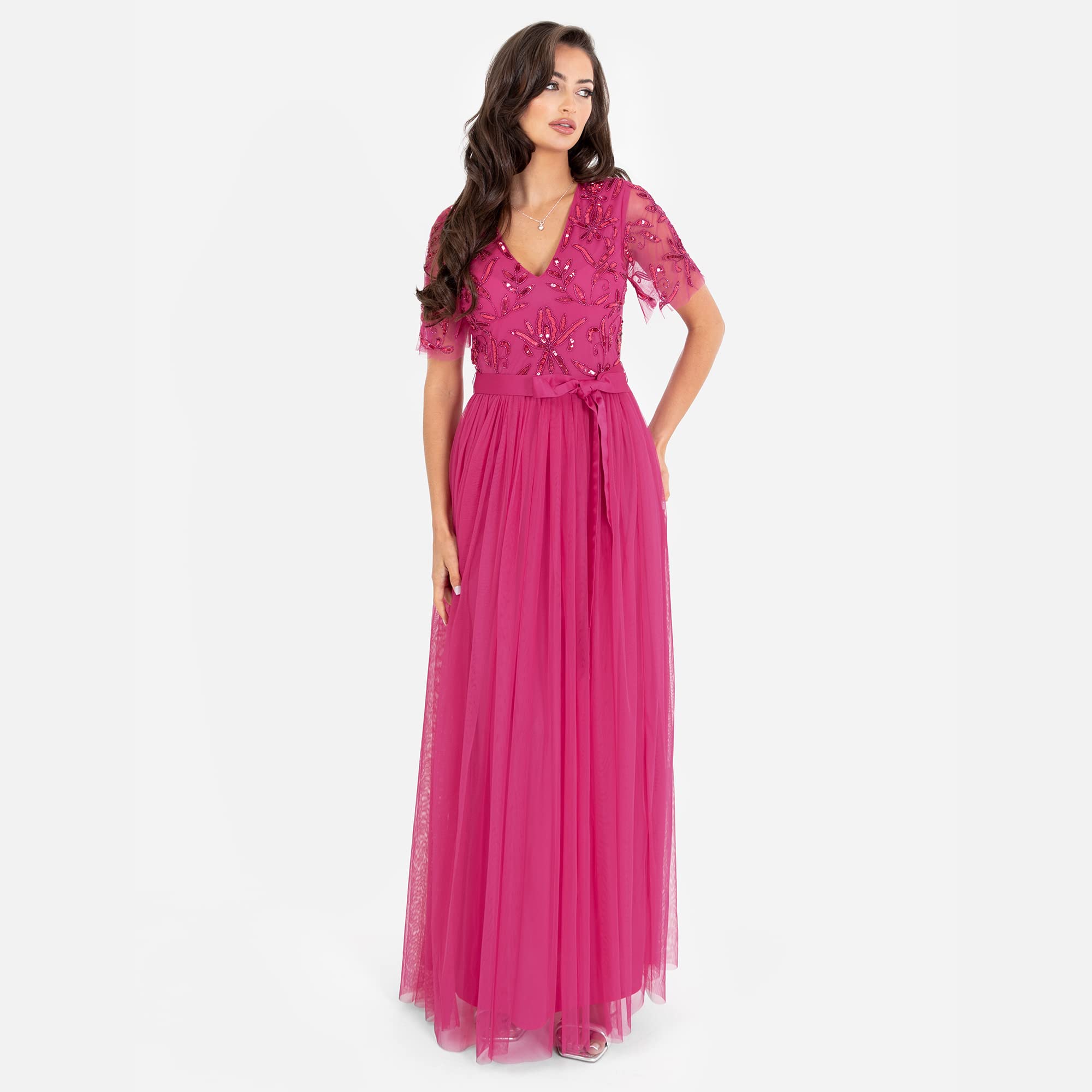 Maya Deluxe Womens Maxi Dress Ladies Ball Gown for Wedding Guest Embellished Tie Waist V Neck Bridesmaid Prom Evening Occasion Vestito Donna