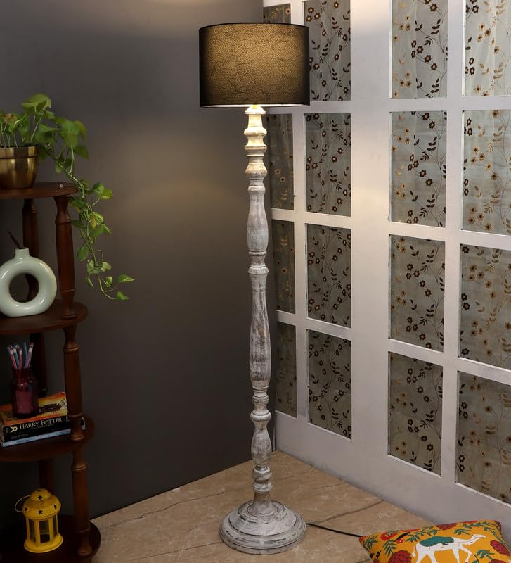 Image of tu casa Mango Wooden Floor Lamps with Black Shade for Home Decor, Bedrooms Corner, Living Room, Gifting, Diwali Decoration, Hall, Office, Study Room (Height: - 56 inch) - Bulb not Included