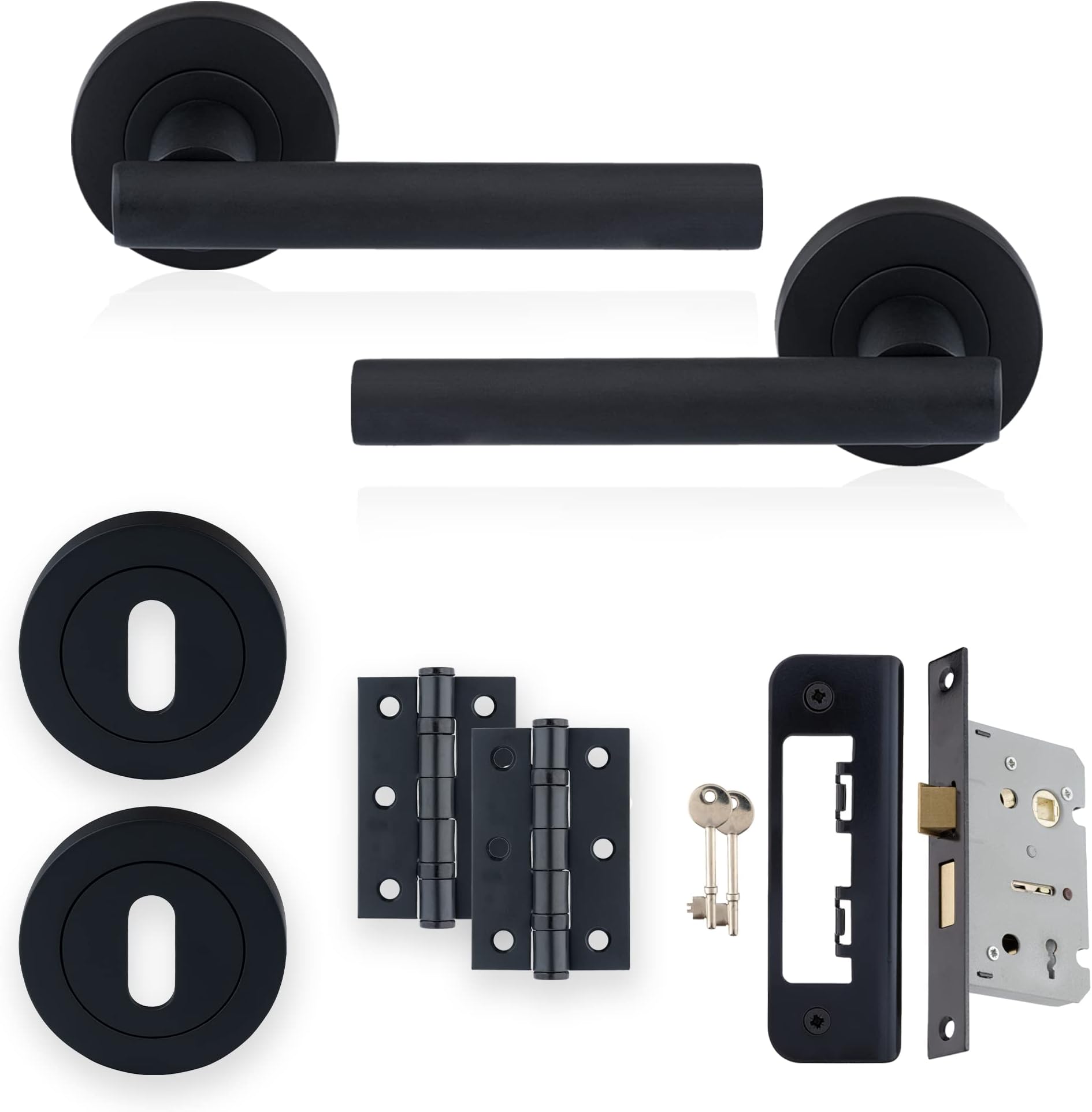 Matt Black Liberty Lever On Rose Lock Pack, Complete Set with T-Bar Door Handles, 65mm Sashlock, 75mm Ball Bearing Hinges and Escutcheons, for Wooden Doors Requiring Key Locking Security.