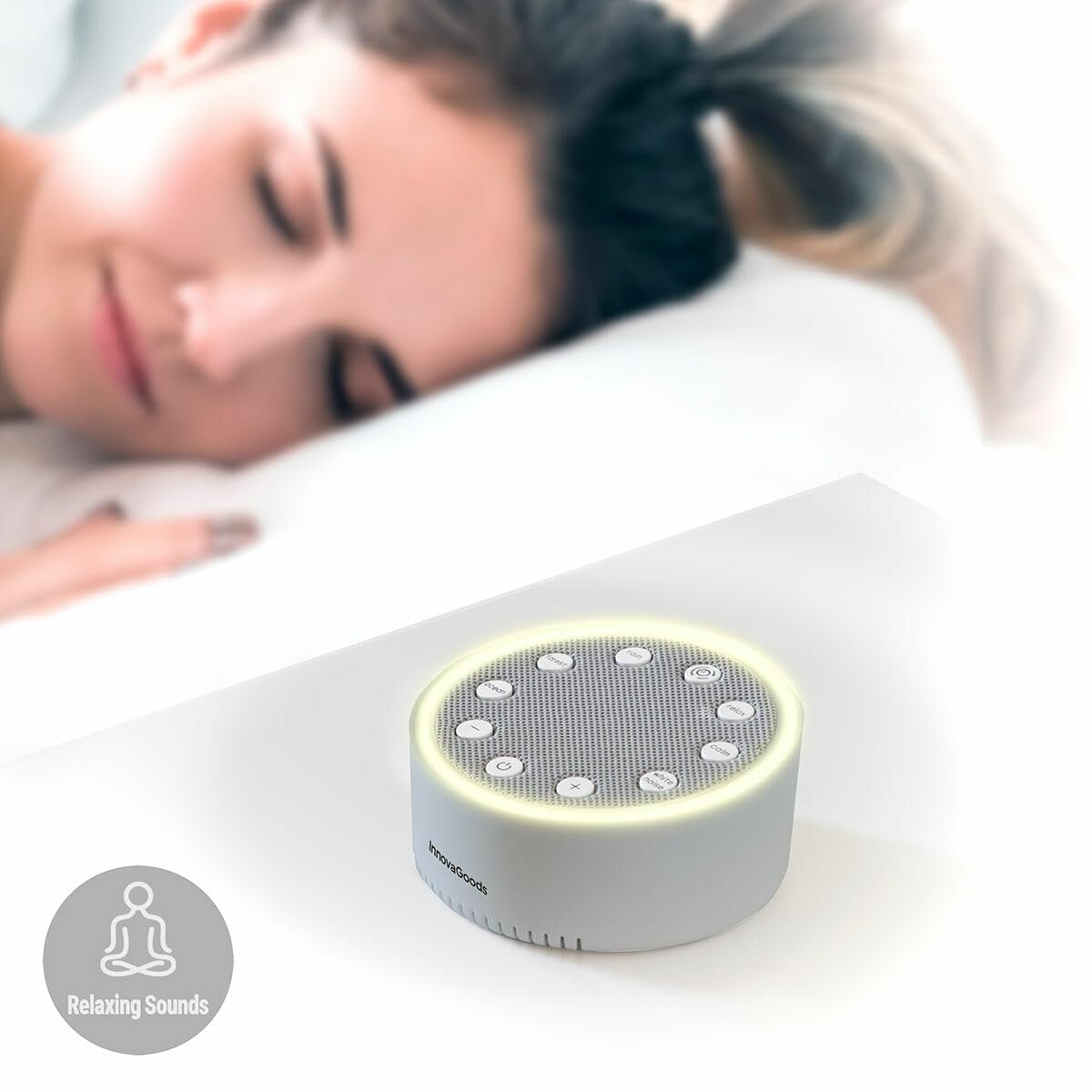 InnovaGoods® Máquina de Relajación con Luz y Sonido para Dormir, 2 modos de iluminación Fija o secuencial, 6 sonidos predefinidos, Maquina de relajacion Apagado automático.