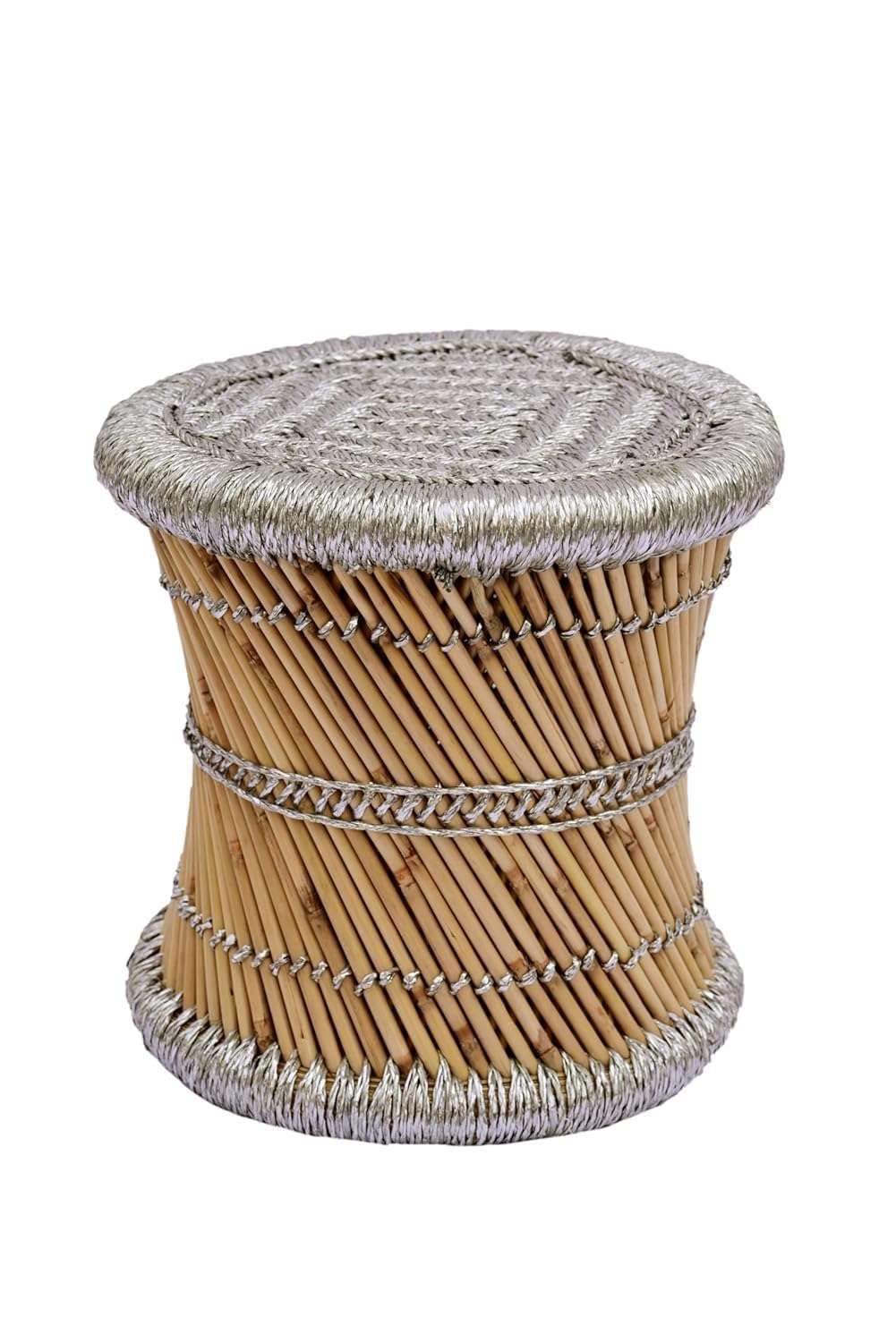 Bamboo Stool for Sitting, Handmade Cane Mudda Chair with Silver Rope Weave, Round Bamboo Stool for Adults & Kids, Indoor Outdoor Living Room Balcony Garden Foot Rest-image-19