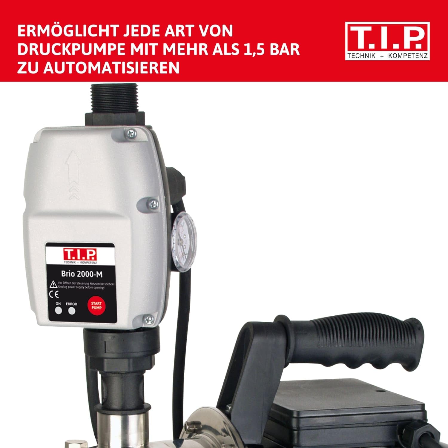 T.I.P. Elektronische Pumpensteuerung BRIO 2000 M, Plug and Play für Tauchdruck-, Tiefbrunnen-, Zisternen- und Gartenpumpen 1,5–3,5 bar, Automatisch, Trockenlaufschutz, Einfache Installation