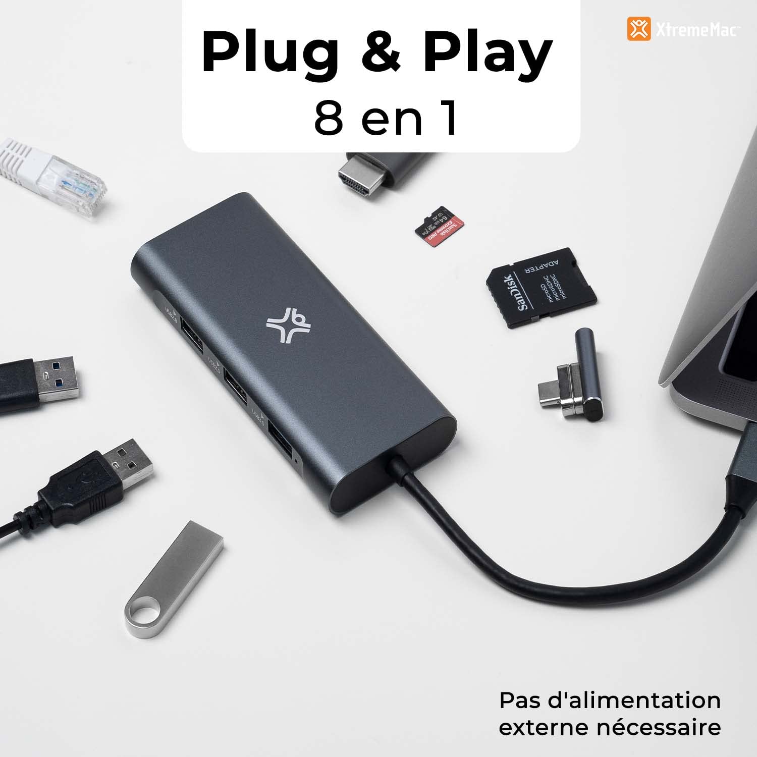XTREMEMAC Hub USB-C â€“ 8 Ports â€“ USB-C PD, USB-A 3.0, HDMI 4K, SD/Micro, Ethernet RJ45 â€“ Silver