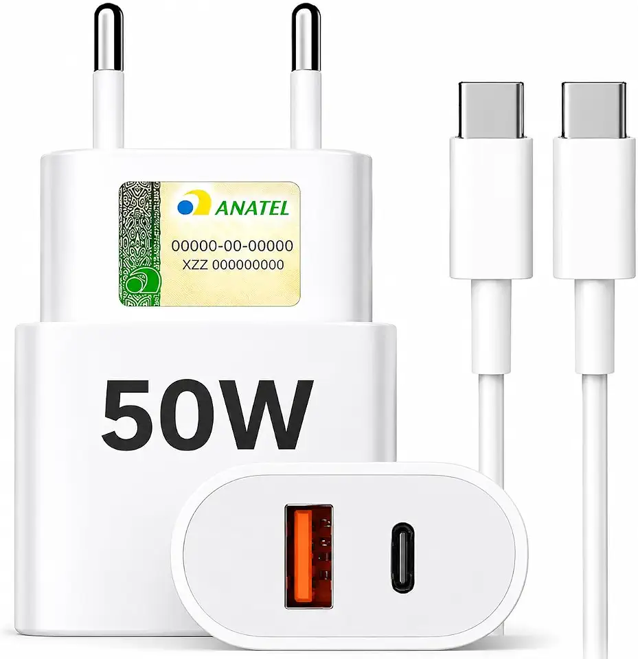 Carregador Turbo 50W + Cabo USB-C, Power Delivery (PD), 2 Entradas USB e USB-C, Dupla Saída para Celulares, Tablets e Dispositivos USB, Carregamento Rápido e Seguro