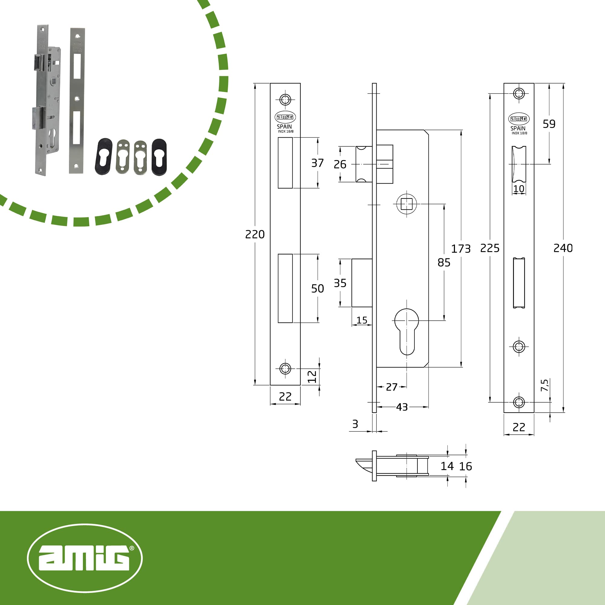 Amig, Mortise Lock for Metalwork, 27 mm, for 15 mm Cam Europrofile Cylinder, Reversible Latch, Stainless Steel - Image 3