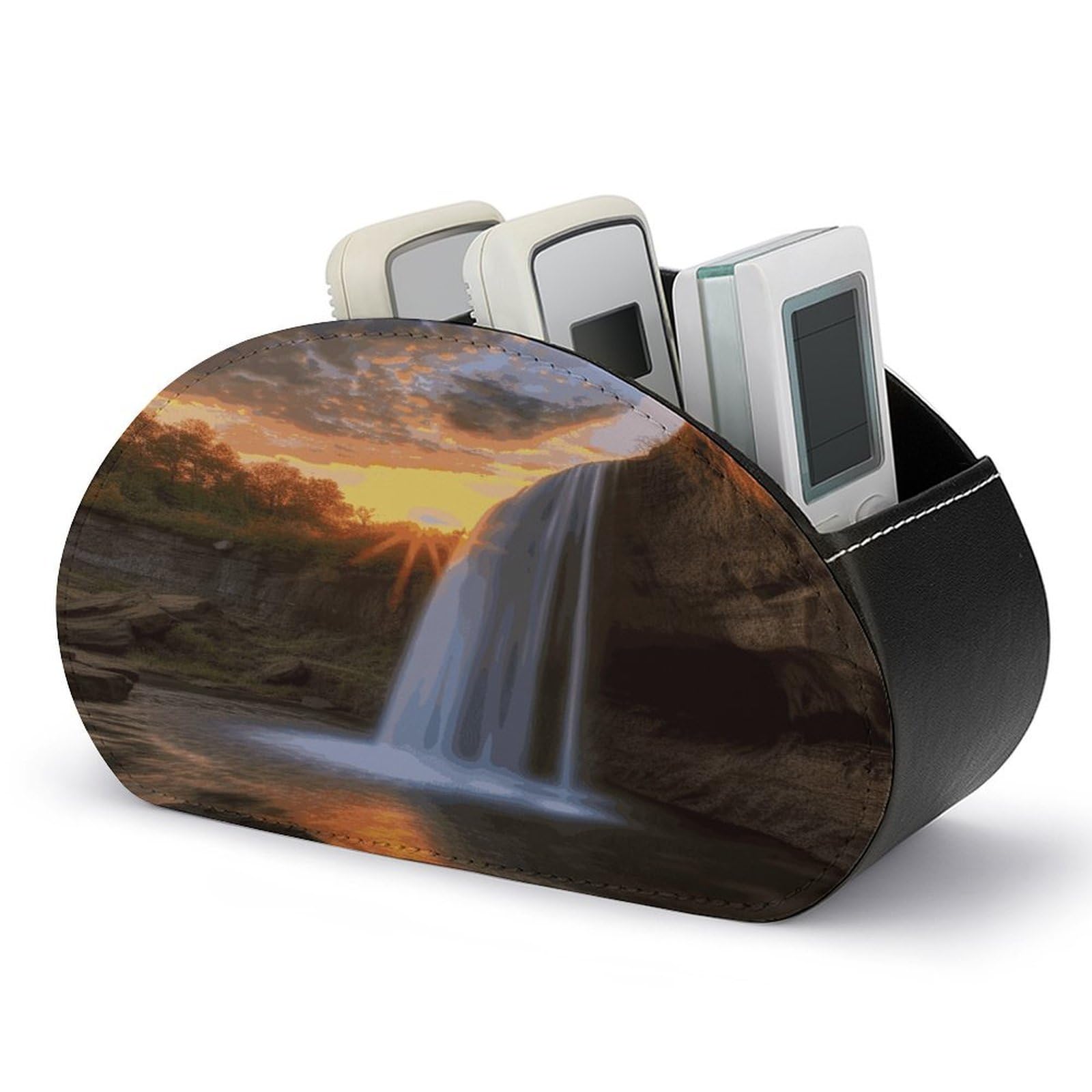 FekiLoot Waterfall at Sunset Remote Control Holder with 5 Compartments Multi-functional TV Remote Caddy Organizer Leather TV Remote Holder Desktop Organizer Store for Bedside Table Office Desk