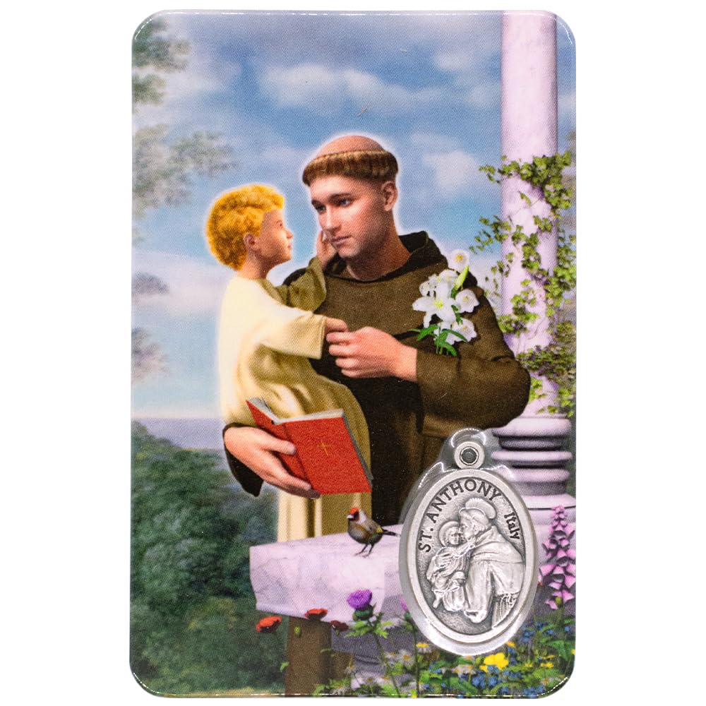 Holy Prayer Card with Built-In Medal Pendant | Laminated Full-Color Prayer Card | Great Variety | Great Christian Gift for First Communion and Confirmation (Saint Anthony Prayer Card with Medal)