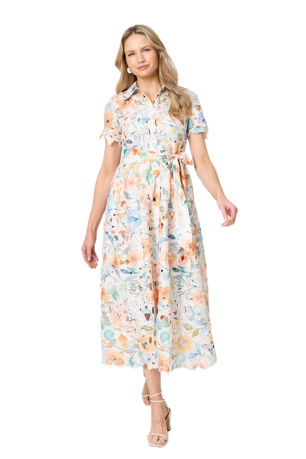Izabel London Women's Orange Floral Cut Out Tie Waist Midi Shirt Dress In | Size: 14