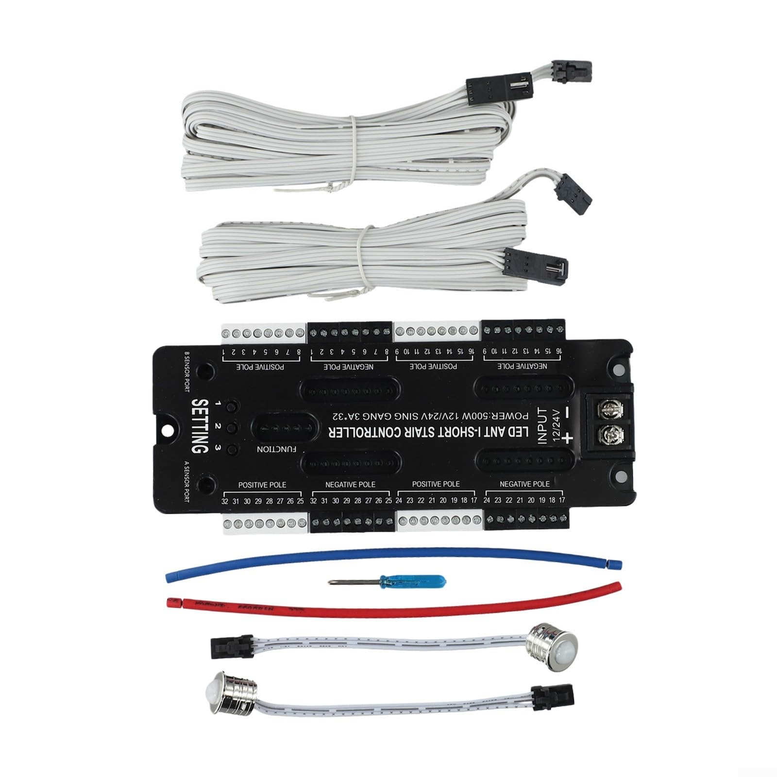 Eawfgtuw Kit de controlador de luz LED de escalera de 32 canales, con sensor de movimiento, iluminación interior de atenuación automática, compatible con CC 12 V-24 V, ajustes de temporizador