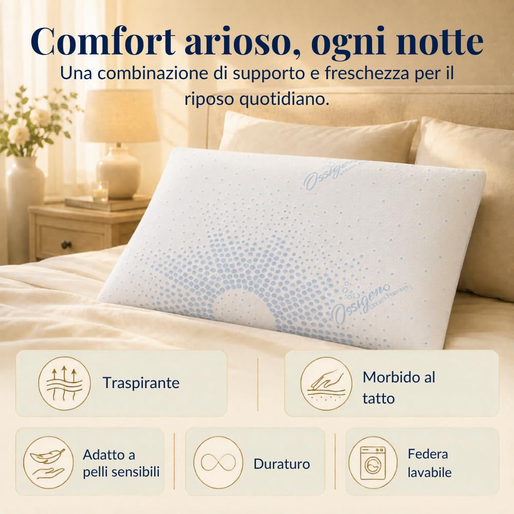 DREAM HAVEN Coussin de 15 cm de haut, coussin à mémoire de forme, perforé avec taie d'oxygène, respirant, anti-acariens, anti-rides et hypoallergénique, coussin de lit ergonomique fabriqué en Italie