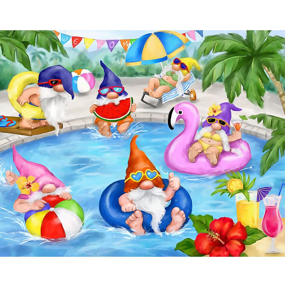 Photo 1 of 2 SupaDiya Gnomes Diamond Painting Kits for Adults, Summer Swimming Pool Full Drill Round Diamond Dots DIY 5D Diamond Art, Paint by Numbers Gem Art Painting Kit for Home Wall Decor (12x16 inch)