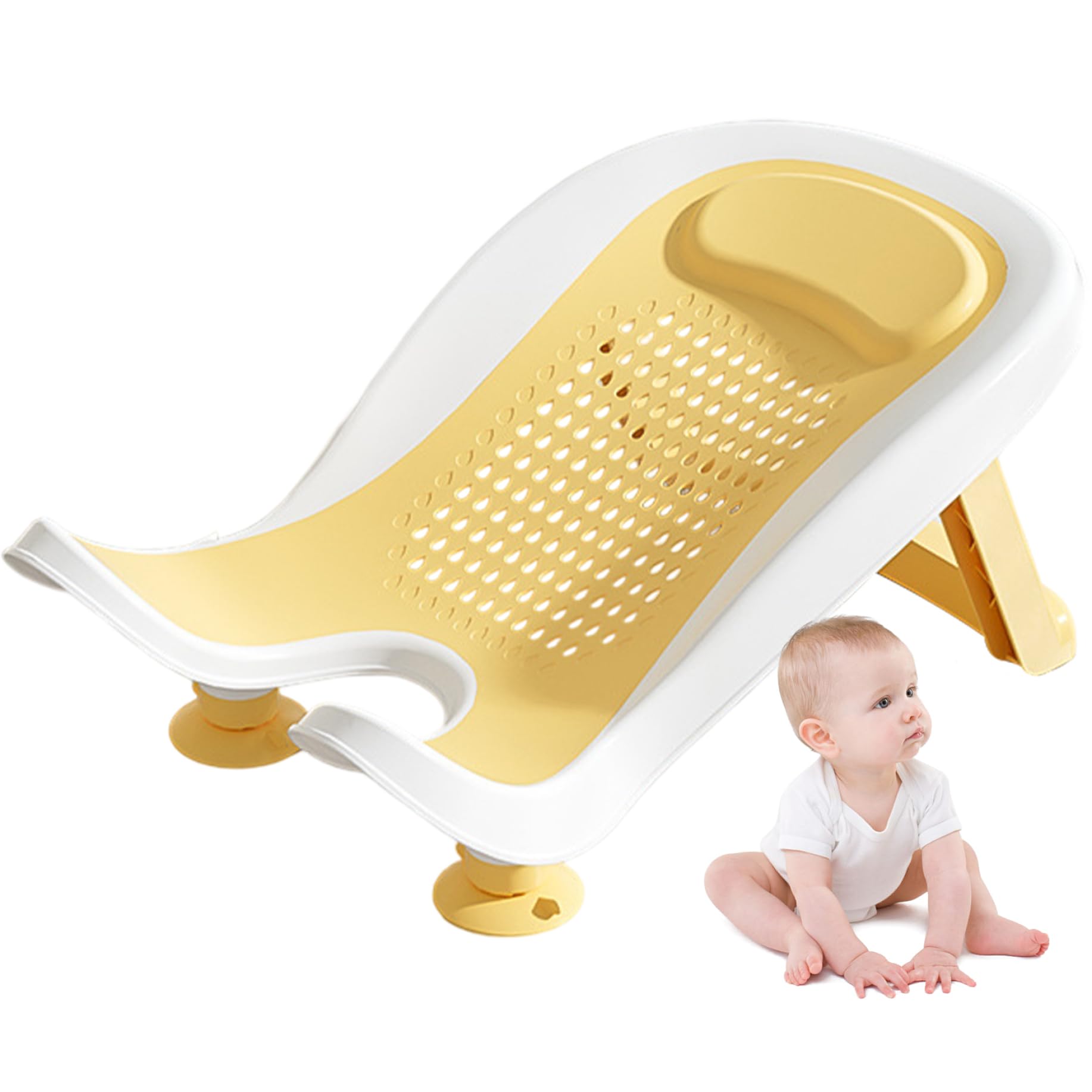 Babywaschbecken mit Saugnapf, multifunktionales tragbares Waschbecken, Babybadewanne mit klappbaren Beinen, Gesäßstütze, Waschwerkzeug für den täglichen Gebrauch auf der Theke, Gelb.