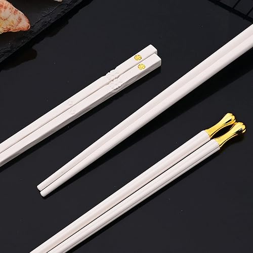 Miniatura 6 de JASHII Juego de 5 pares de palillos de aleación reutilizables, antideslizantes, color blanco, palillos japoneses, chinos, coreanos, palillos de