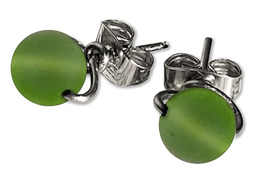 Frosted Lime Green Sea Glass 6mm Simple Bead Post Earrings in Steel, Black Iron, Titanium, Sterling Silver,14K Rose Gold or 14k Gold Wire