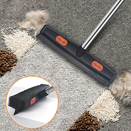 Landhope Carpet Rake For Pet Hair Remover Long Handle With Squeegee, Rubber Broom Carpet Brush Non Scratch Bristles Fur Remover Indoor Outdoor Push Broom For Cat Dog Hair Hardwood Tile Windows Clean #TOP1