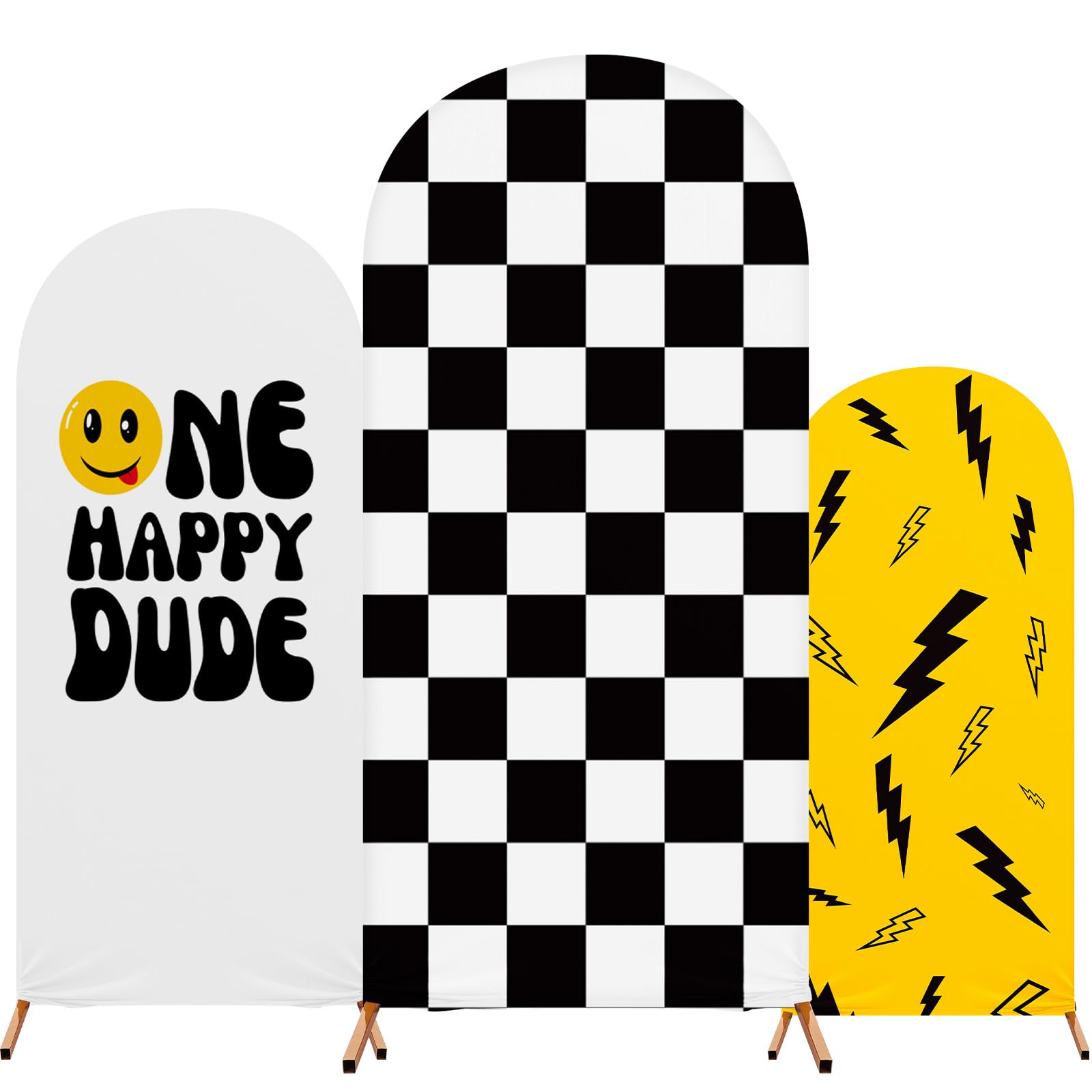 Photo 1 of RimCereal One Happy Dude Theme Birthday Decoration, Set of 3 One Happy Dude Theme Arch Cover Stretch Spandex Fitted Wedding Arch Stand Covers, 4ft, 5ft, 6ft(White, Yellow, Black-White,Mixed Style)