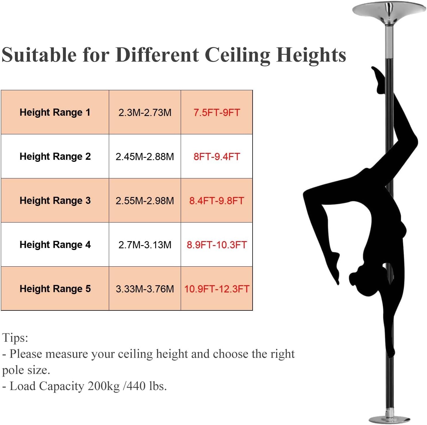 Dance Pole Exercise Club Silicone Pink Stripper Pole Kit, Heavy Duty Dance Tube Spinning & Static Modes, Practice Fitness Pole Apartment Friendly, Load 440 Lbs (Black 2.3M)