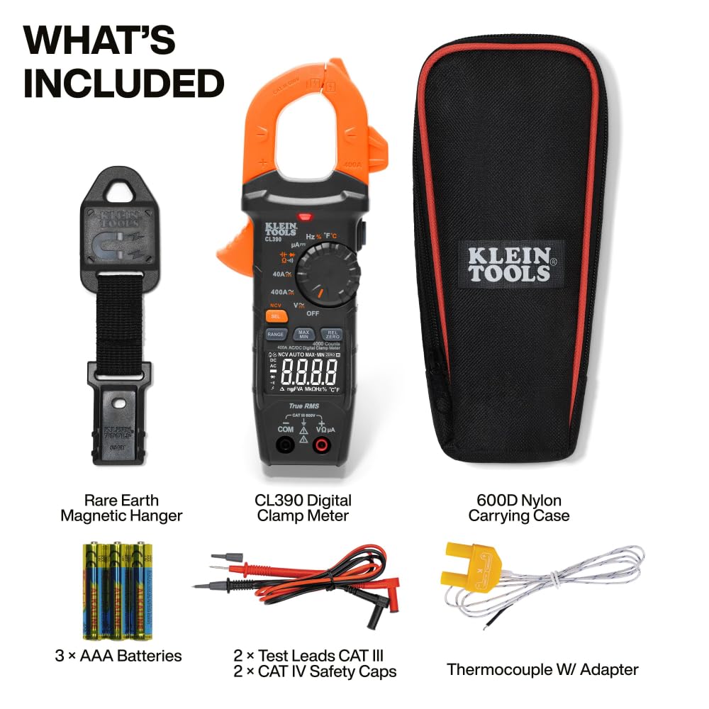 Klein Tools 80197 AC/DC Clamp Meter Kit con Gancho Magnético, Auto-Ranging TRMS, 400 Amp, Probador de Voltaje NCVT, Kit de Prueba Profesional