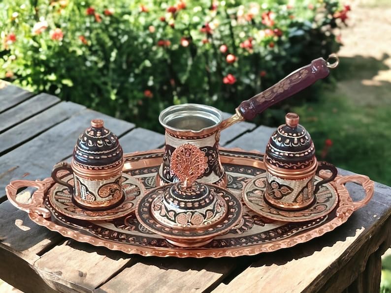 OHVVGN Turkish Coffee Set, Turkish Copper Coffee Pot, Turkish Coffee Cup Set, Copper Serving Tray