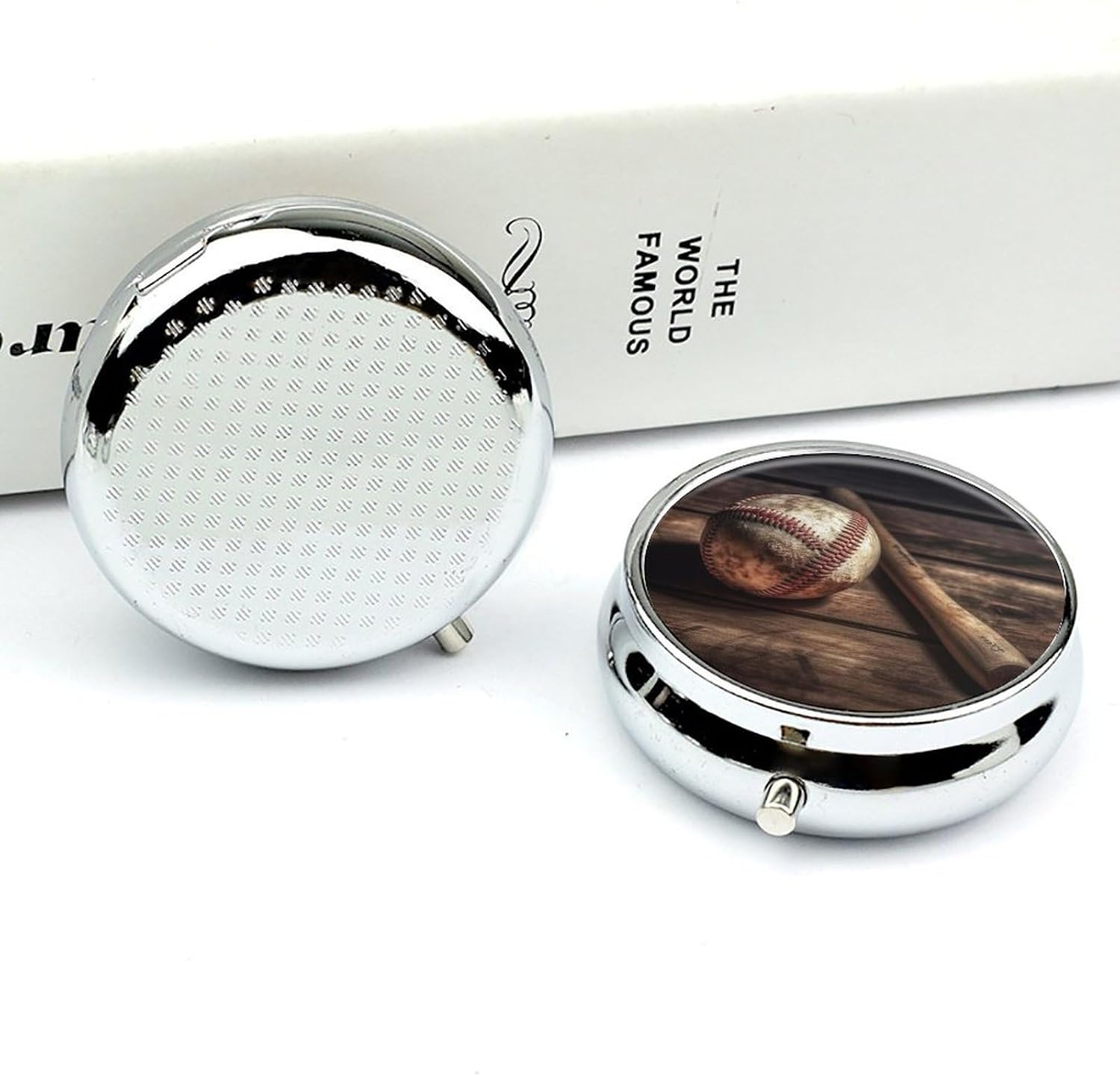 Round Daily Baseball On Wooden Pill Case with 3 Compartment & Mirror image 5