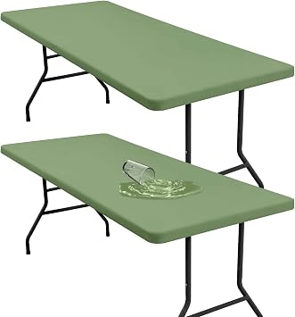 homing 2 Pack 6 Foot Rectangle Elastic Fitted Tablecloth, Waterproof Fabric Table Cover, Washable Polyester Table Cloth for Picnic, Camping, Outdoor Sage Green, 30" x 72"