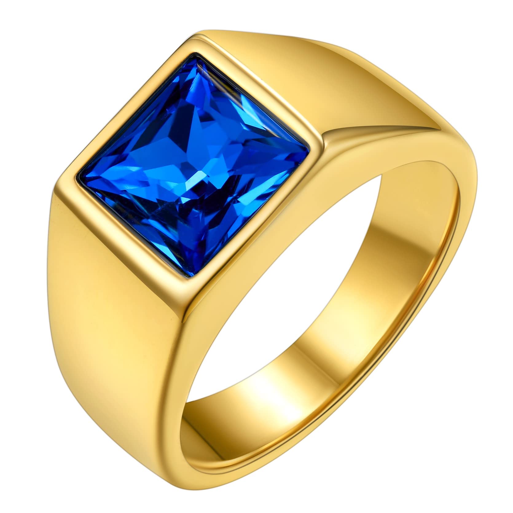 GOLDCHIC JEWELRY GoldChic Anillos Sello Cuadrado con Cristal Negro Azul 8mm Ancho, Anillo Buen Peso Sólido para Promesa Amistad