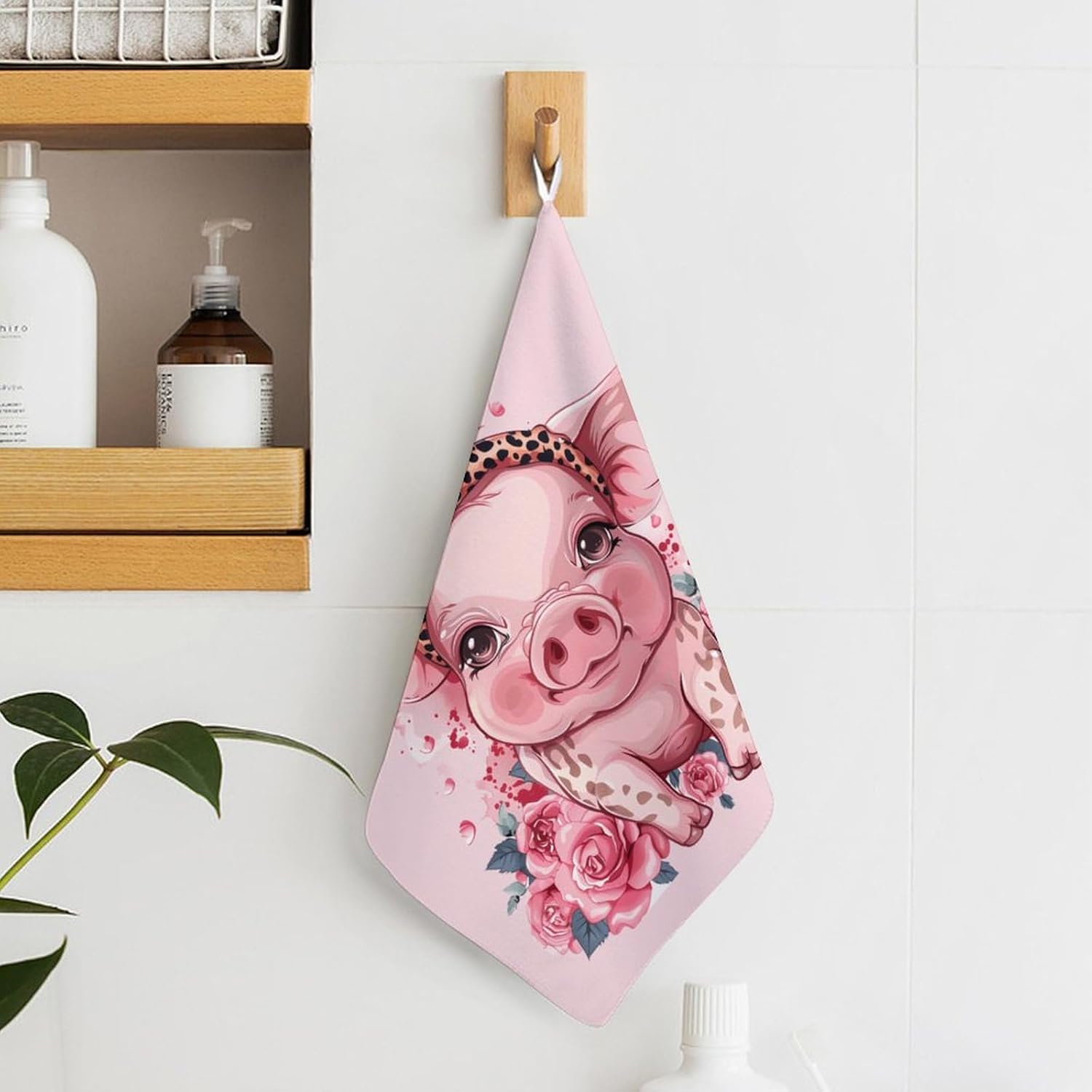 Pigs with Leopard Headband Flower Hand Towels for Bathroom Kitchen Towels Small Towel Handkerchiefs with Hanging Loop 4PCS