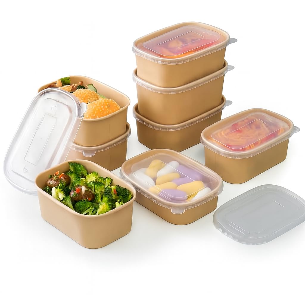ECONX 50 X 500ml Kraft Food Containers with Plastic Lids PP Rectangular Takeaway Food Box Heavy-Duty | Leakproof and Oil-Proof Kraft Paper Salad Box Bowls Deli Tubs for Lunch Restaurants, Parties